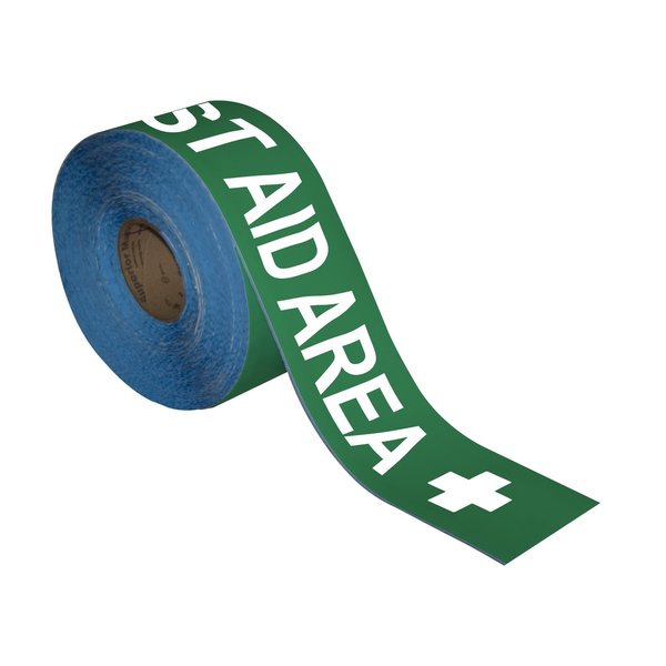 Superior Mark Floor Marking Message Tape, 4in x 100Ft , FIRST AID AREA KEEP CLEAR IN-40-730I